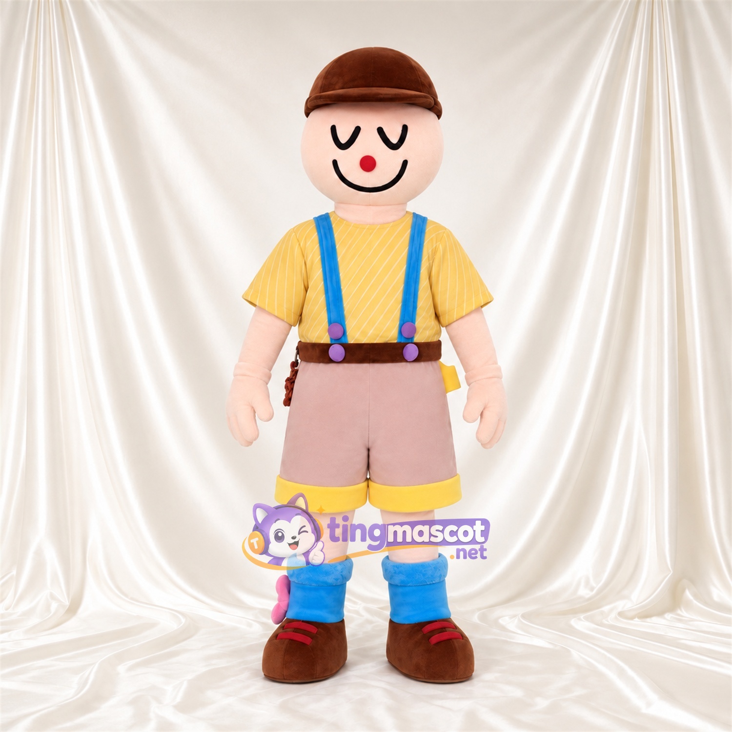 Boy Character Mascot Costume - Brown Cap and Blue Suspenders Boy Character Mascot Costume - Brown Cap and Blue Suspenders