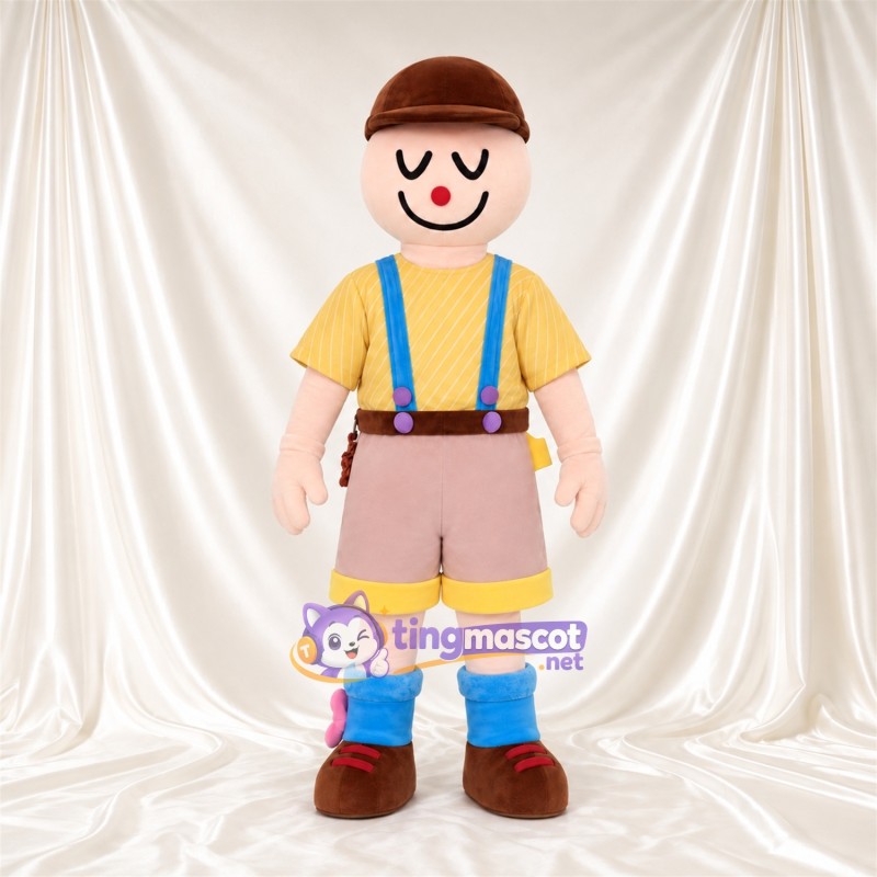 Boy Character Mascot Costume - Brown Cap and Blue Suspenders Boy Character Mascot Costume - Brown Cap and Blue Suspenders