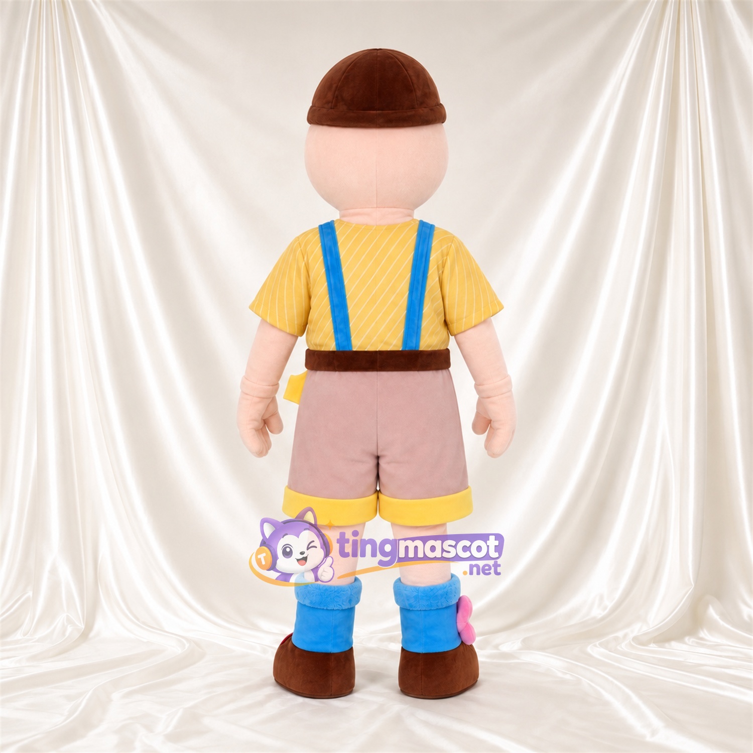Boy Character Mascot Costume - Brown Cap and Blue Suspenders Boy Character Mascot Costume - Brown Cap and Blue Suspenders