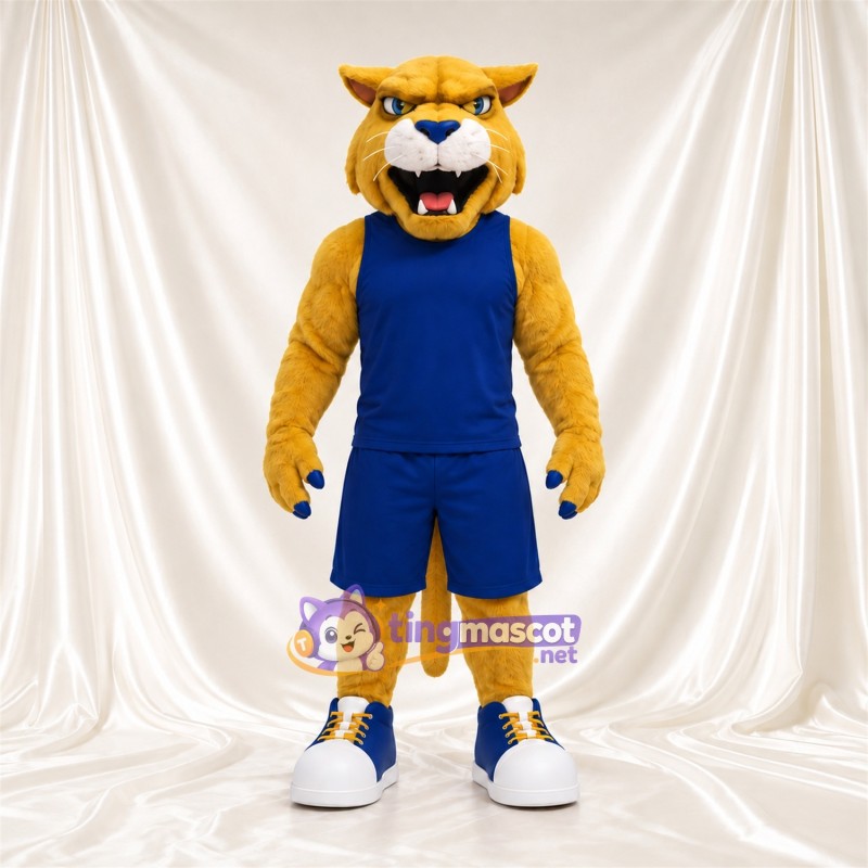 Costume de mascotte Chat sauvage – doré – Tenue de basket (bleu) Costume de mascotte Chat sauvage – doré – Tenue de basket (bleu)