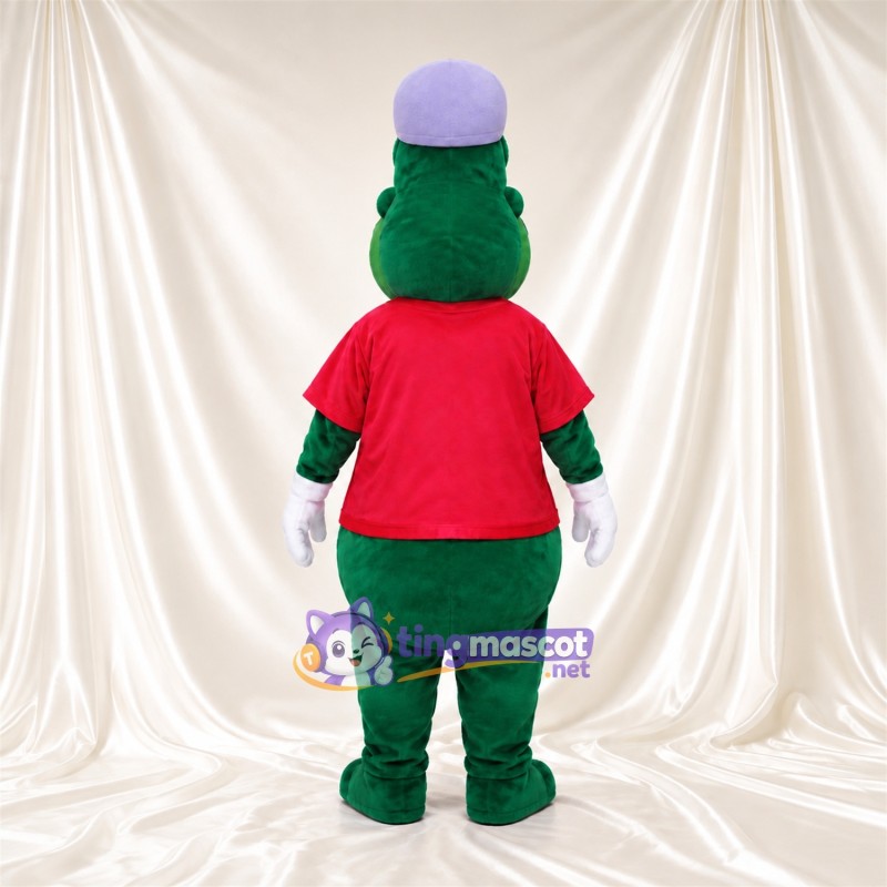 Costume de mascotte Crocodile – vert – Casquette (violet); T-shirt (rouge) Costume de mascotte Crocodile – vert – Casquette (violet); T-shirt (rouge)