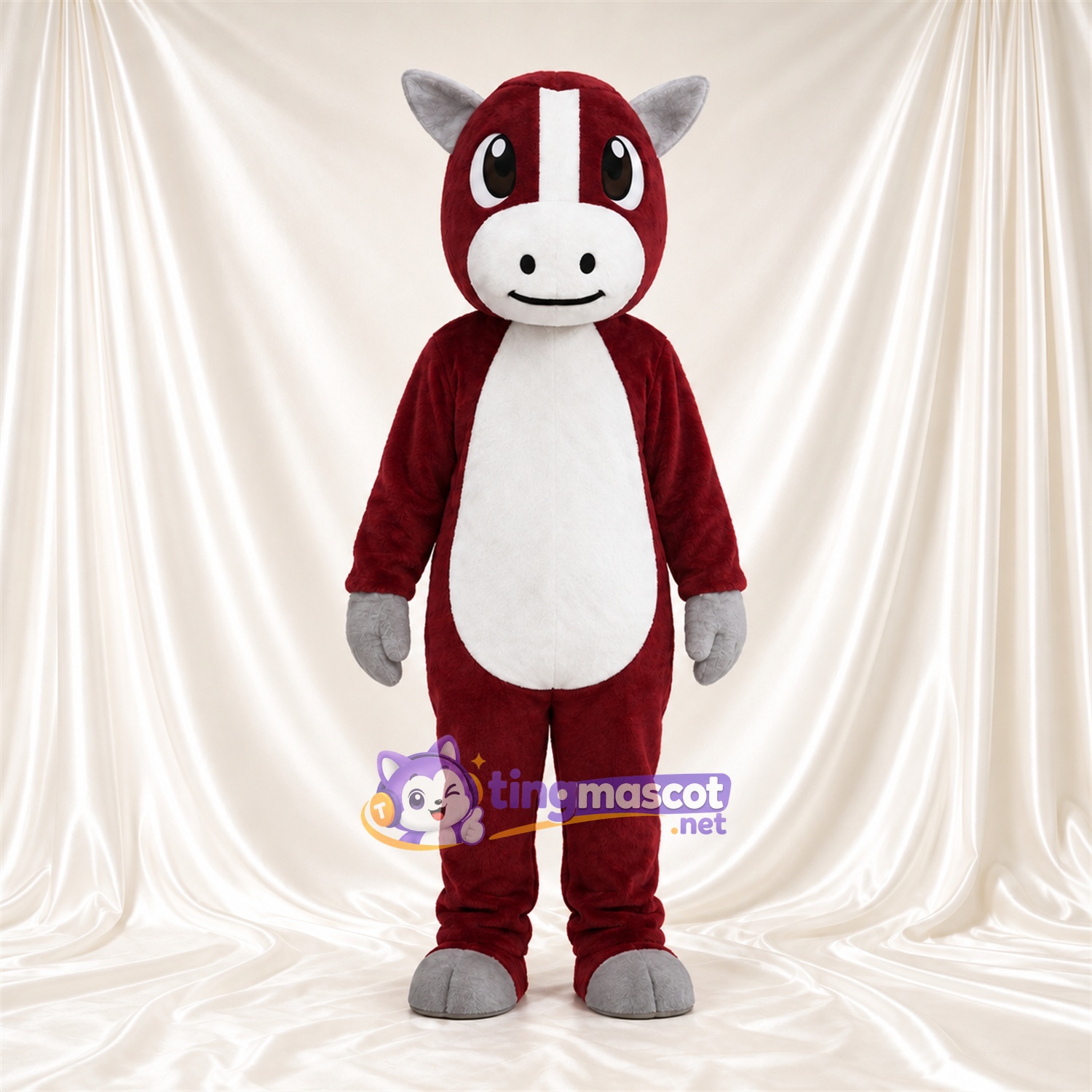 Costume de mascotte Cheval – bordeaux – Ventre (blanc); Sabots (gris) Costume de mascotte Cheval – bordeaux – Ventre (blanc); Sabots (gris)