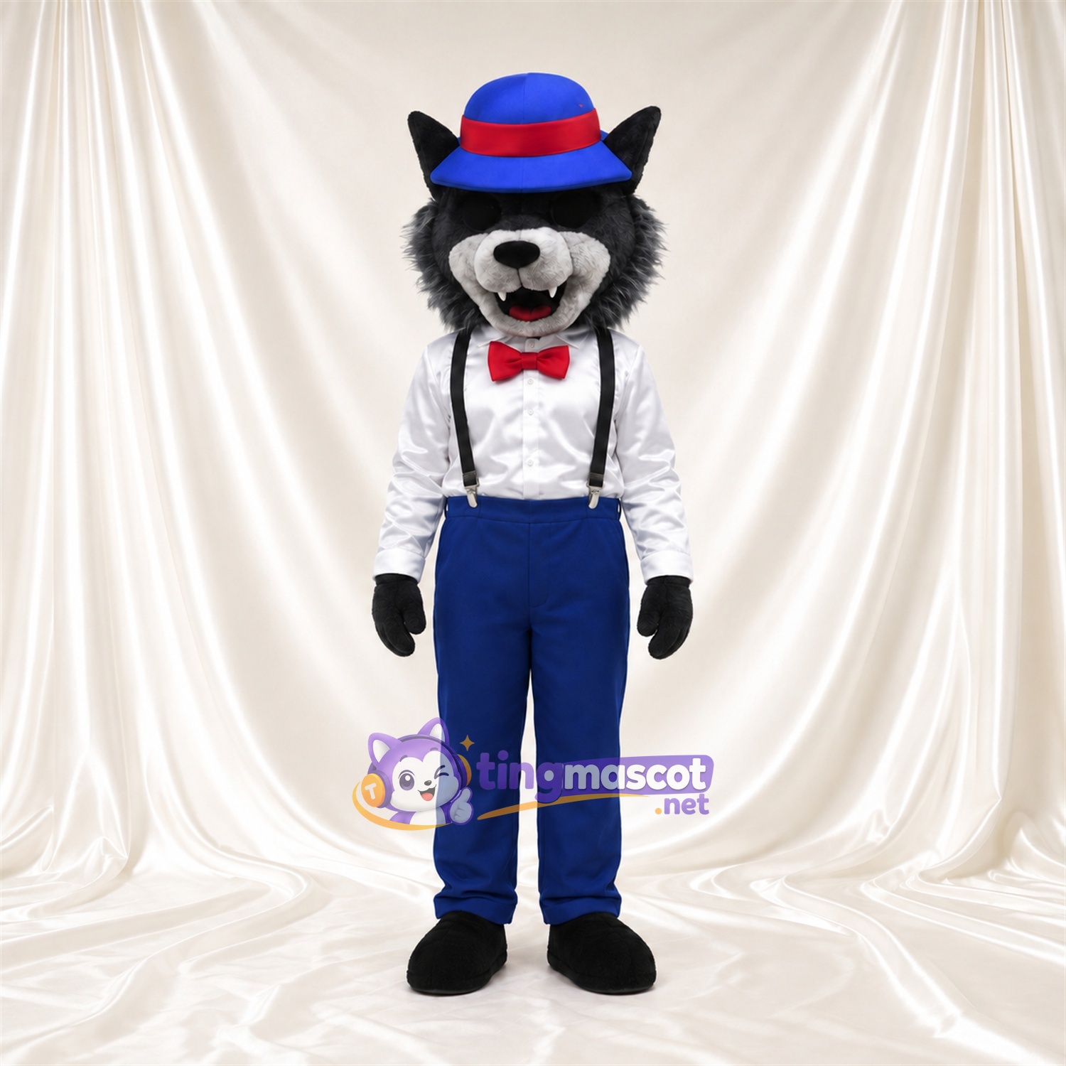 Costume de mascotte Loup – gris – Chapeau (bleu); Pantalon Costume de mascotte Loup – gris – Chapeau (bleu); Pantalon