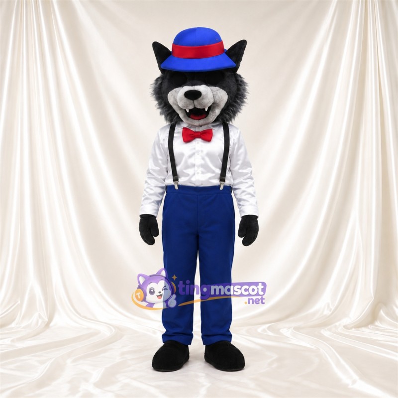 Costume de mascotte Loup – gris – Chapeau (bleu); Pantalon