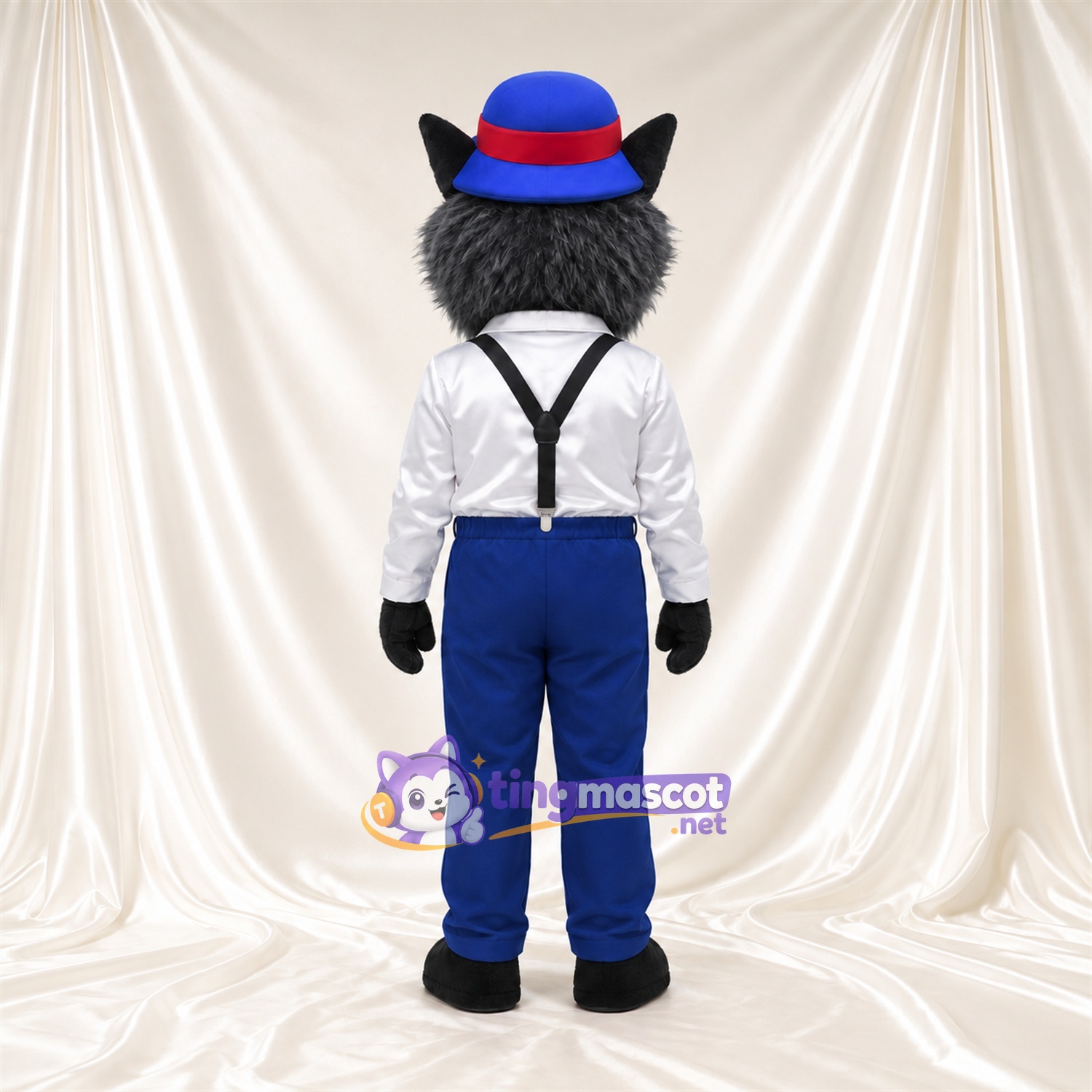 Costume de mascotte Loup – gris – Chapeau (bleu); Pantalon Costume de mascotte Loup – gris – Chapeau (bleu); Pantalon