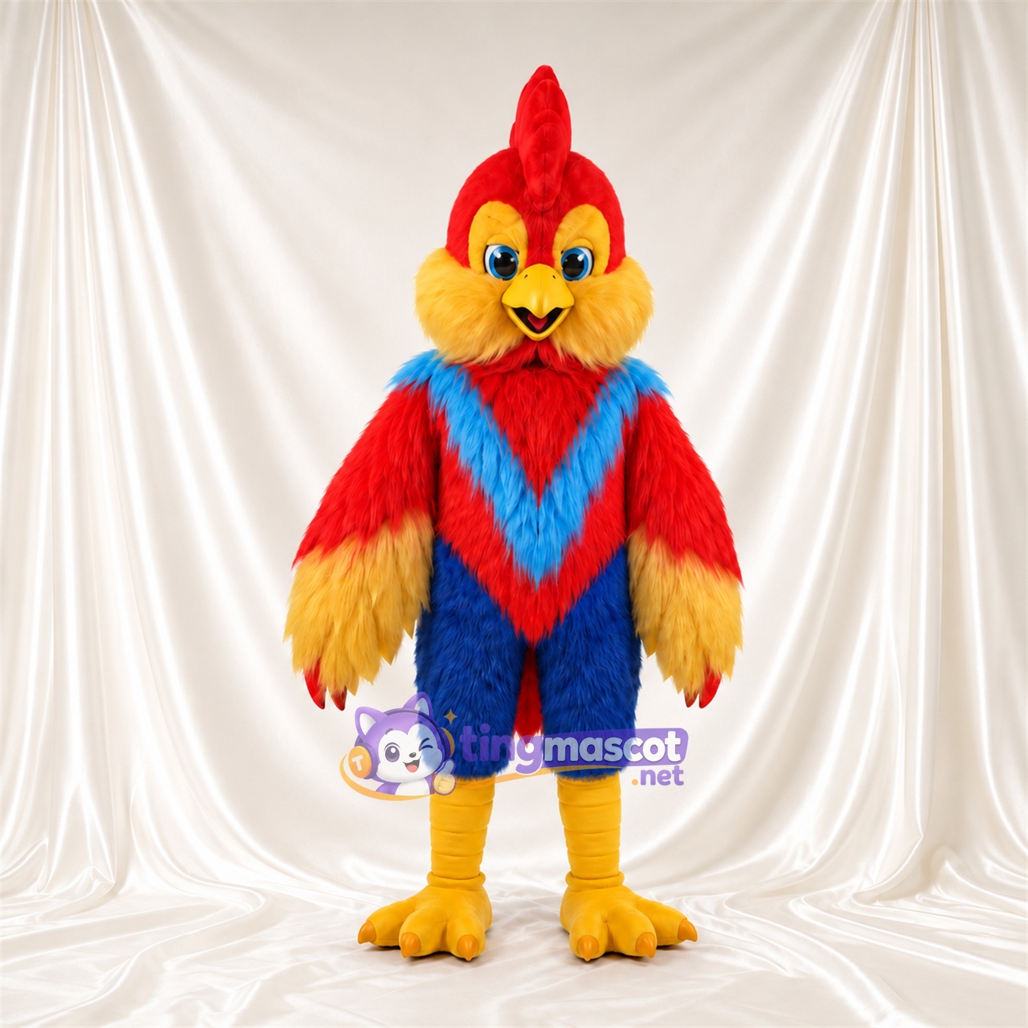 Colorful Rooster Mascot Costume - Red Crest and Blue Chest Feathers Colorful Rooster Mascot Costume - Red Crest and Blue Chest Feathers