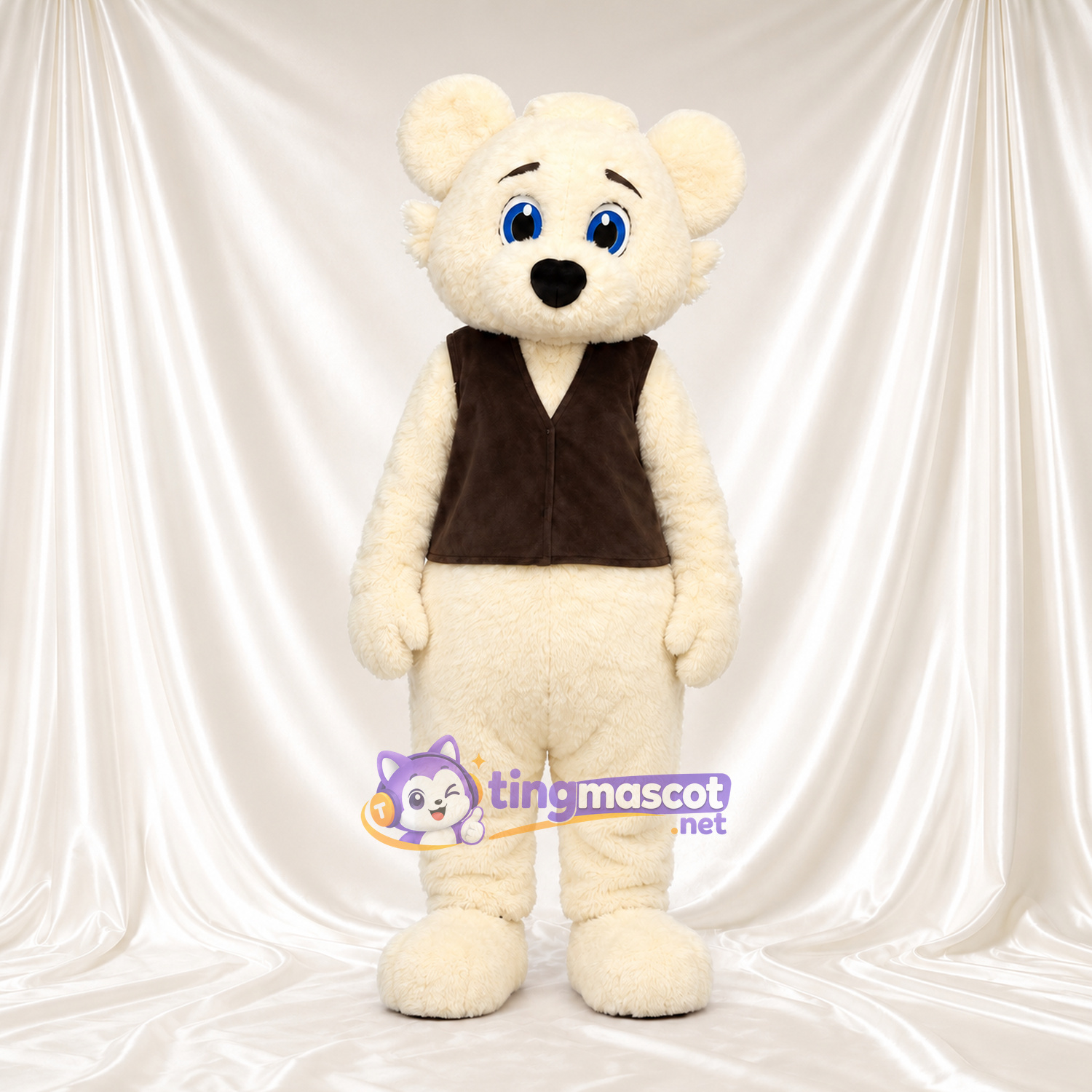 Costume de mascotte Souris – blanc – Gilet (marron); Yeux (bleu) Costume de mascotte Souris – blanc – Gilet (marron); Yeux (bleu)