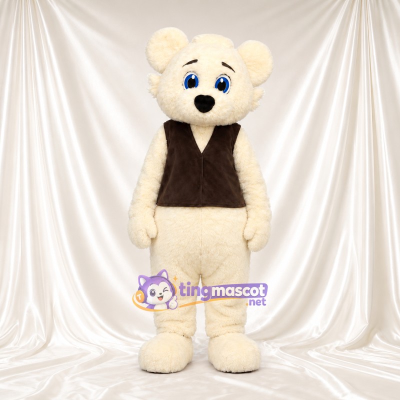 Costume de mascotte Souris – blanc – Gilet (marron); Yeux (bleu) Costume de mascotte Souris – blanc – Gilet (marron); Yeux (bleu)