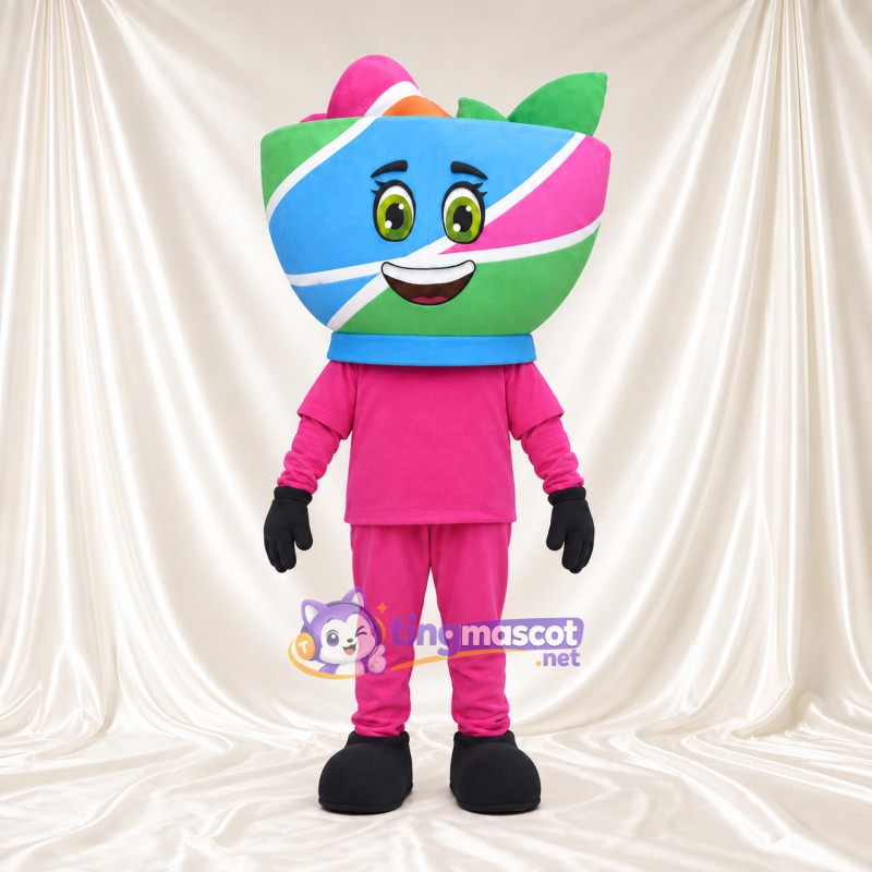 Maskottchenkostüm Schüssel – bunt – Outfit (rosa); Handschuhe (schwarz)