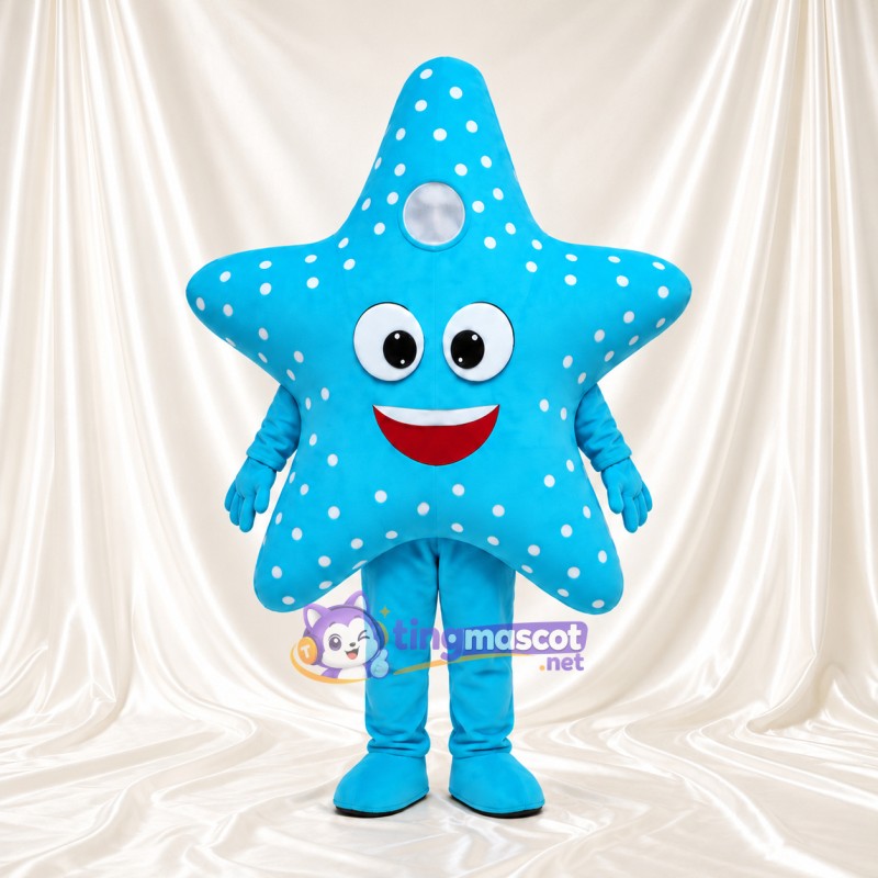Blue Starfish Mascot Costume - White Spots and Smiling Face Blue Starfish Mascot Costume - White Spots and Smiling Face