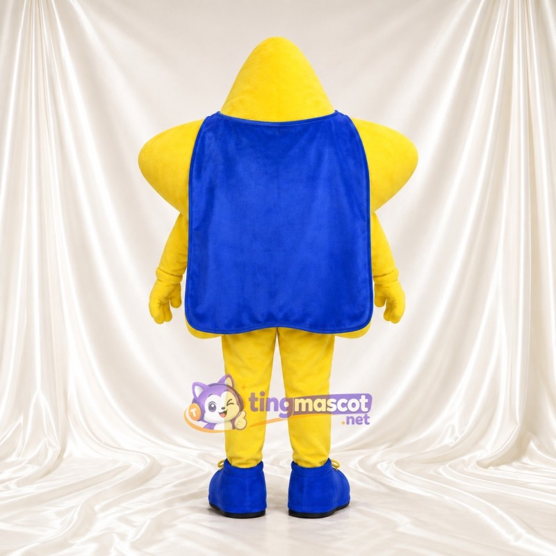 Gelbes Stern-Superheld-Maskottchenkostüm – blauer Umhang und blaue Schuhe Gelbes Stern-Superheld-Maskottchenkostüm – blauer Umhang und blaue Schuhe