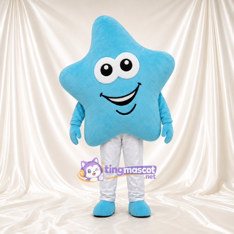 Costume de mascotte Étoile – bleu – Pantalon (blanc); Visage souriant Costume de mascotte Étoile – bleu – Pantalon (blanc); Visage souriant