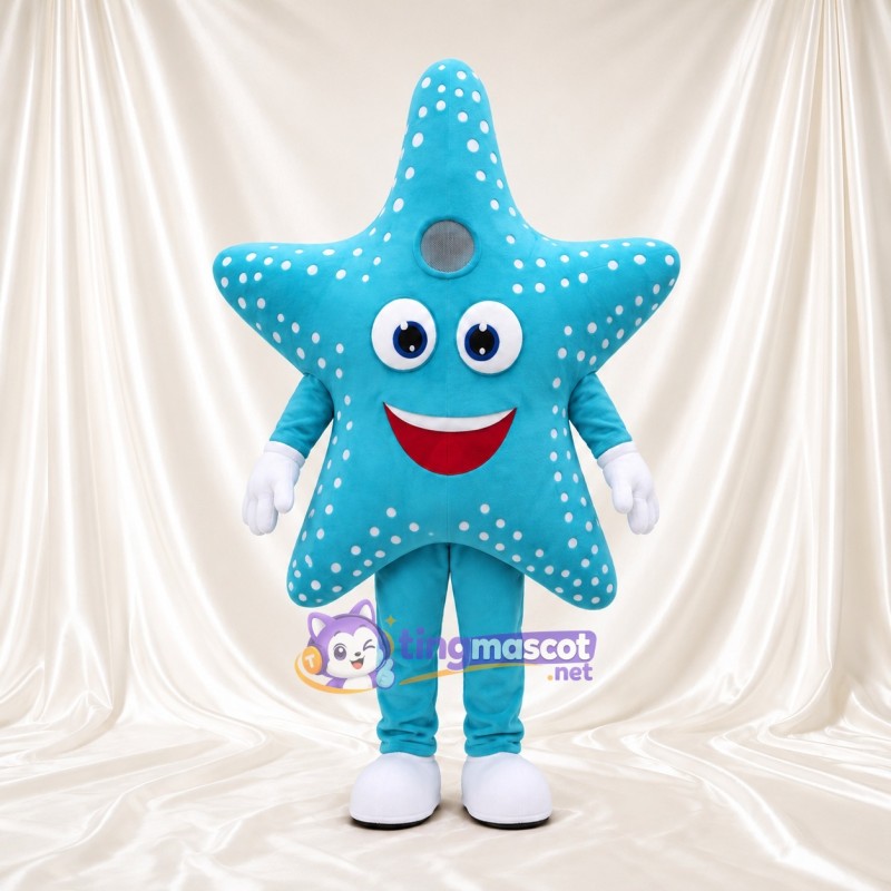 Blue Starfish Mascot Costume - White Dots and White Gloves Blue Starfish Mascot Costume - White Dots and White Gloves