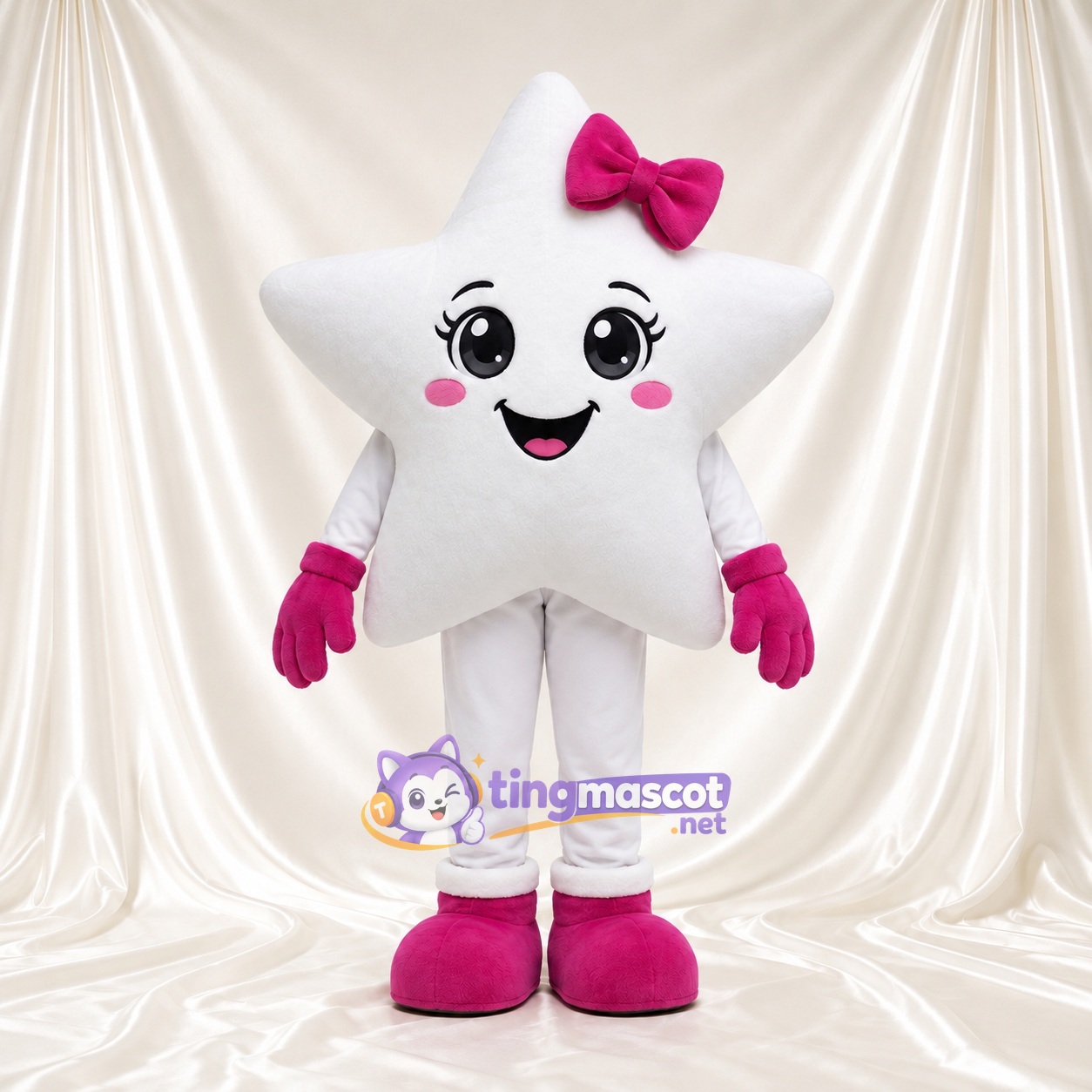 Costume de mascotte Étoile – blanc – Nœud (rose); Bottes (rose) Costume de mascotte Étoile – blanc – Nœud (rose); Bottes (rose)