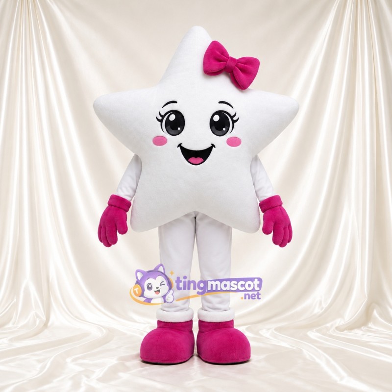 Costume de mascotte Étoile – blanc – Nœud (rose); Bottes (rose) Costume de mascotte Étoile – blanc – Nœud (rose); Bottes (rose)