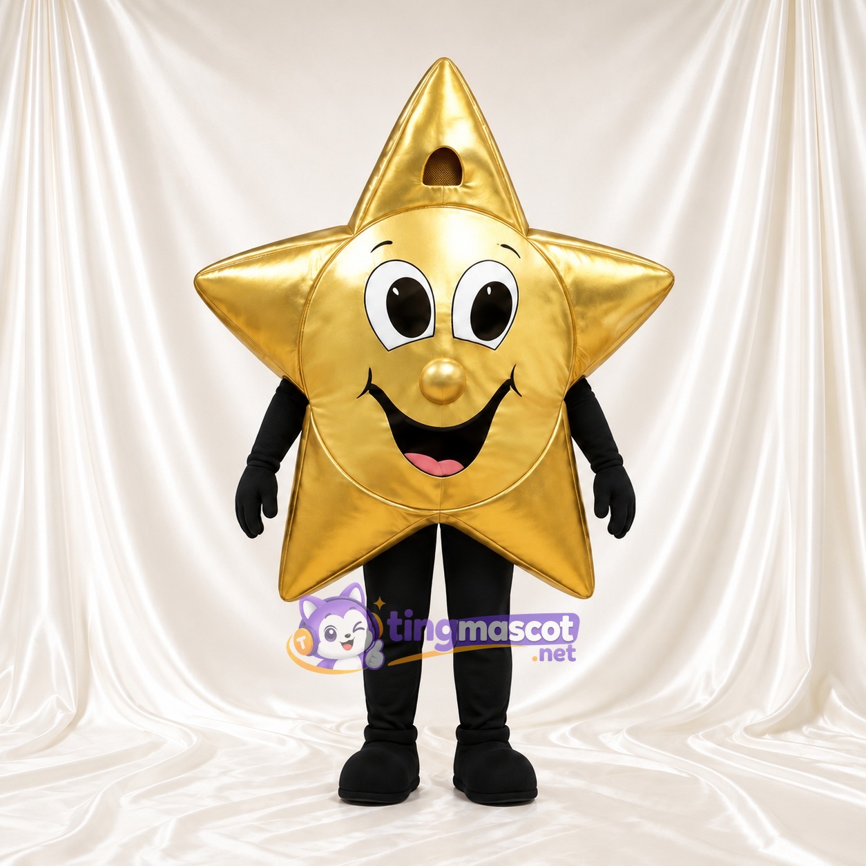 Costume de mascotte Étoile – doré – Visage souriant; Membres (noir) Costume de mascotte Étoile – doré – Visage souriant; Membres (noir)