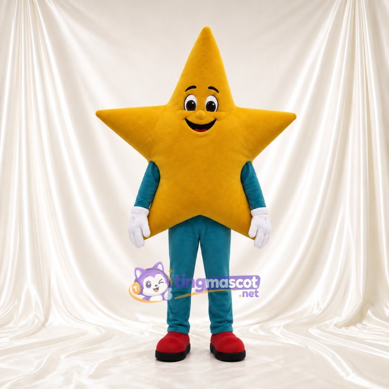 Costume de mascotte Étoile – doré – Membres (bleu canard); Chaussures (rouge) Costume de mascotte Étoile – doré – Membres (bleu canard); Chaussures (rouge)
