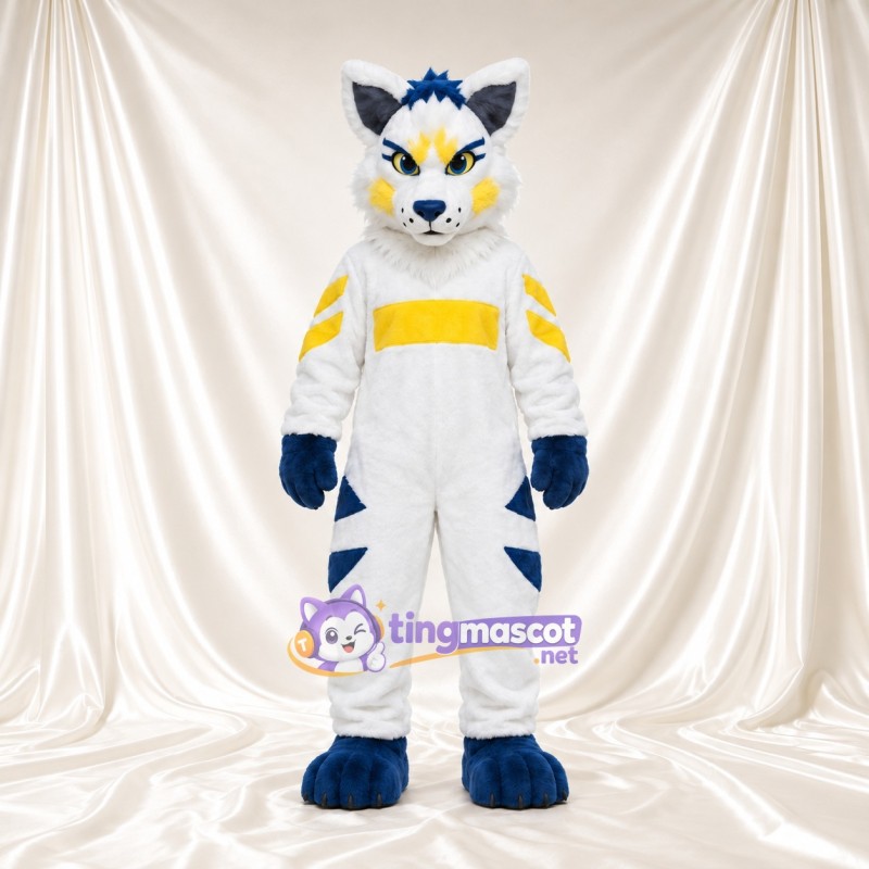 Costume de mascotte Loup – blanc – Pattes (bleu); Corps (jaune); Touches de couleur Costume de mascotte Loup – blanc – Pattes (bleu); Corps (jaune); Touches de couleur