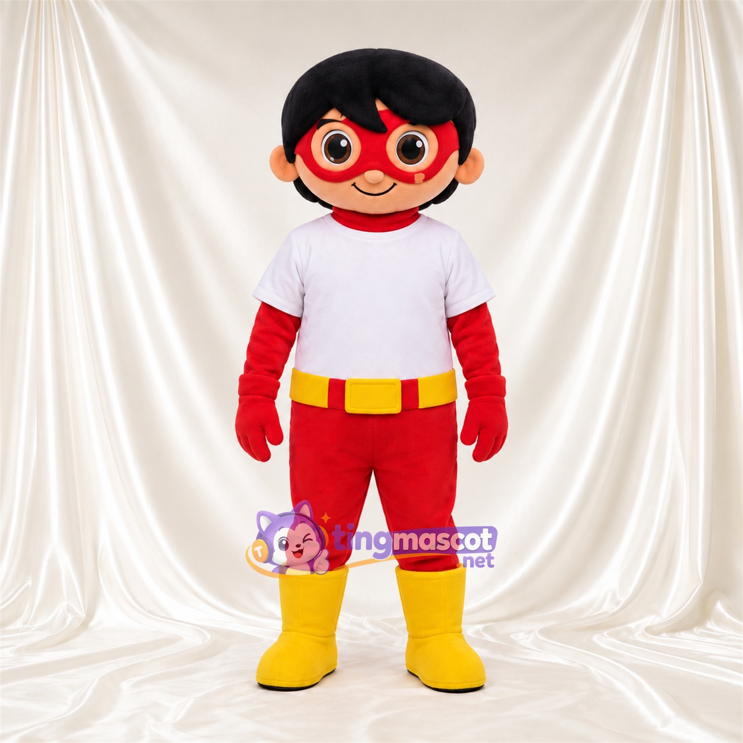 Superhero Boy Mascot Costume - Red Eye Mask and Yellow Boots Superhero Boy Mascot Costume - Red Eye Mask and Yellow Boots