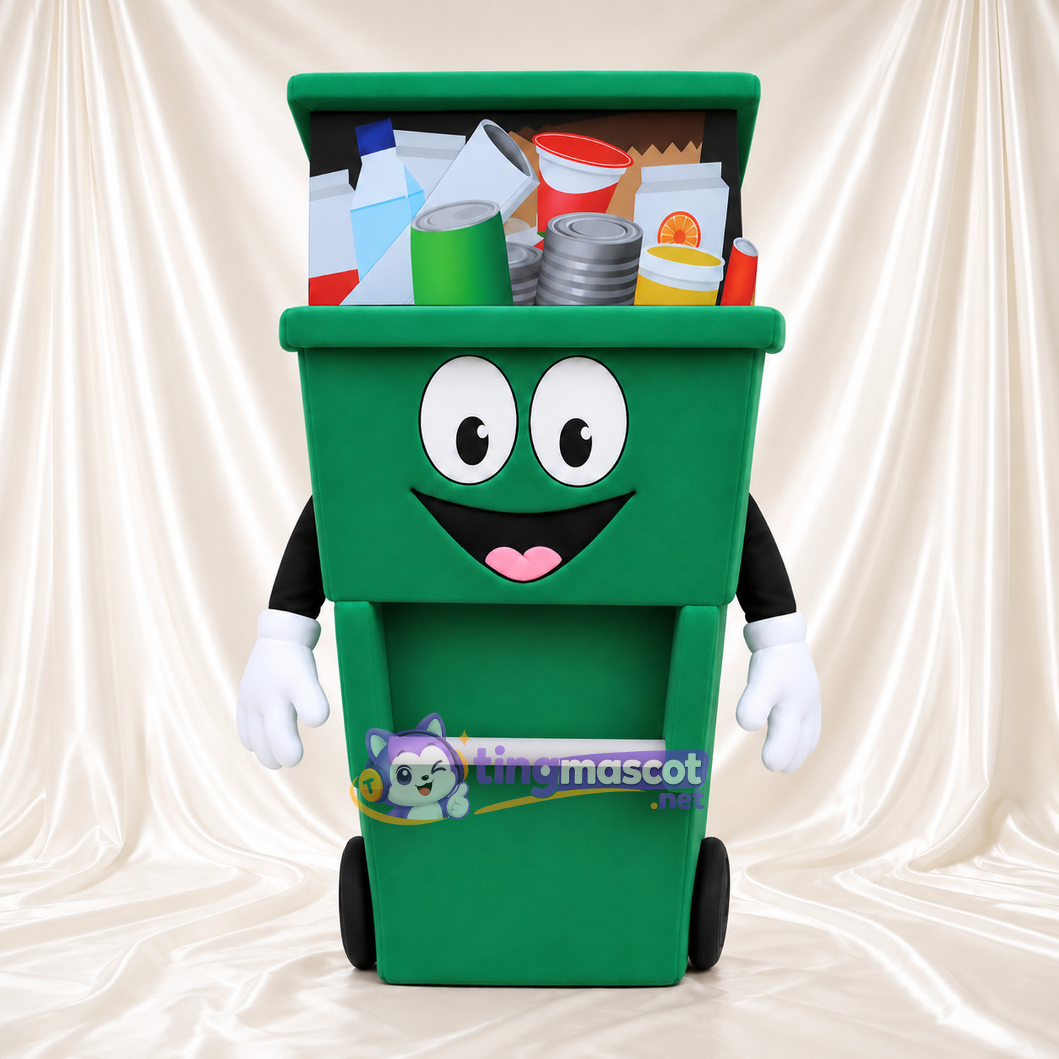 Costume de mascotte Bac de recyclage – vert – Couvercle (ouvert); Contenu recyclable Costume de mascotte Bac de recyclage – vert – Couvercle (ouvert); Contenu recyclable