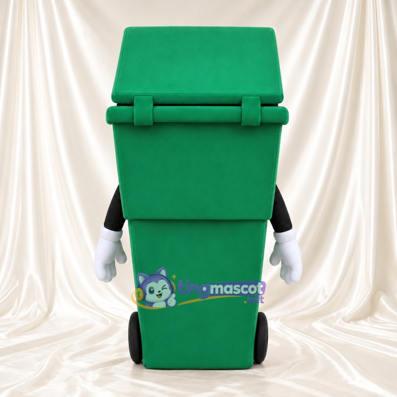 Costume de mascotte Bac de recyclage – vert – Couvercle (ouvert); Contenu recyclable Costume de mascotte Bac de recyclage – vert – Couvercle (ouvert); Contenu recyclable