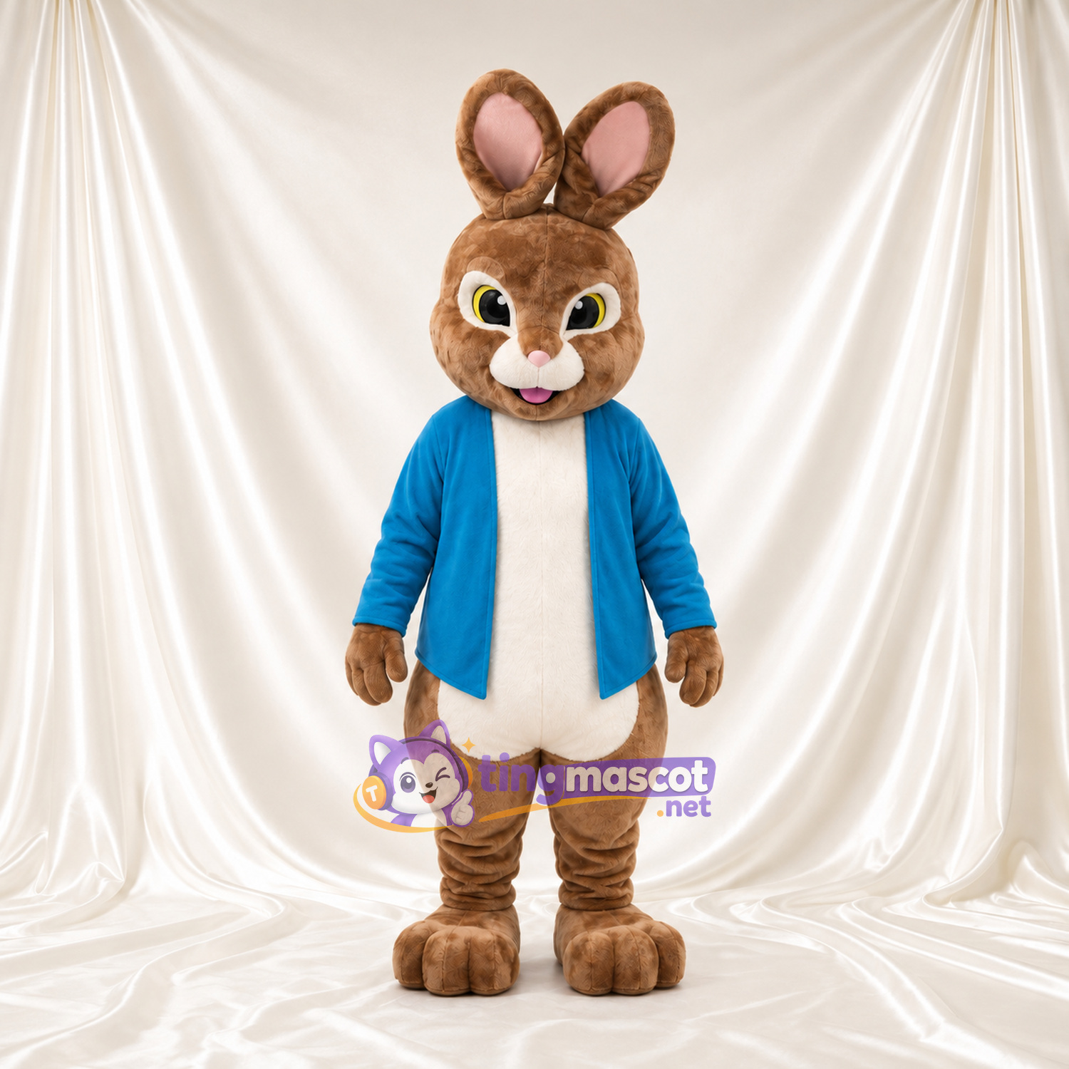 Costume de mascotte Peter Rabbit – selon la photo – Veste (bleu); Ventre (crème) Costume de mascotte Peter Rabbit – selon la photo – Veste (bleu); Ventre (crème)
