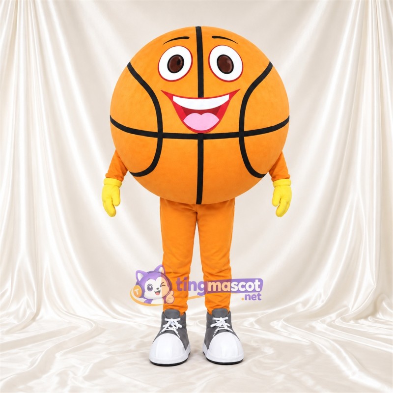 Costume de mascotte Ballon de basket – orange – Visage souriant; Gants (jaune)
