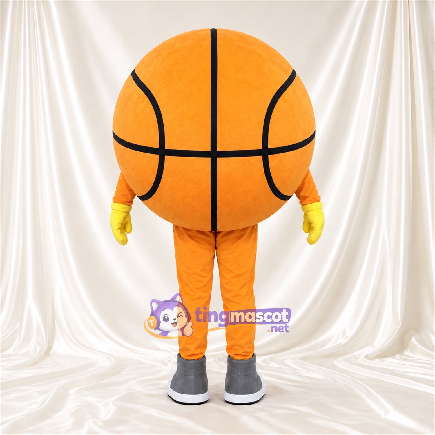 Costume de mascotte Ballon de basket – orange – Visage souriant; Gants (jaune) Costume de mascotte Ballon de basket – orange – Visage souriant; Gants (jaune)