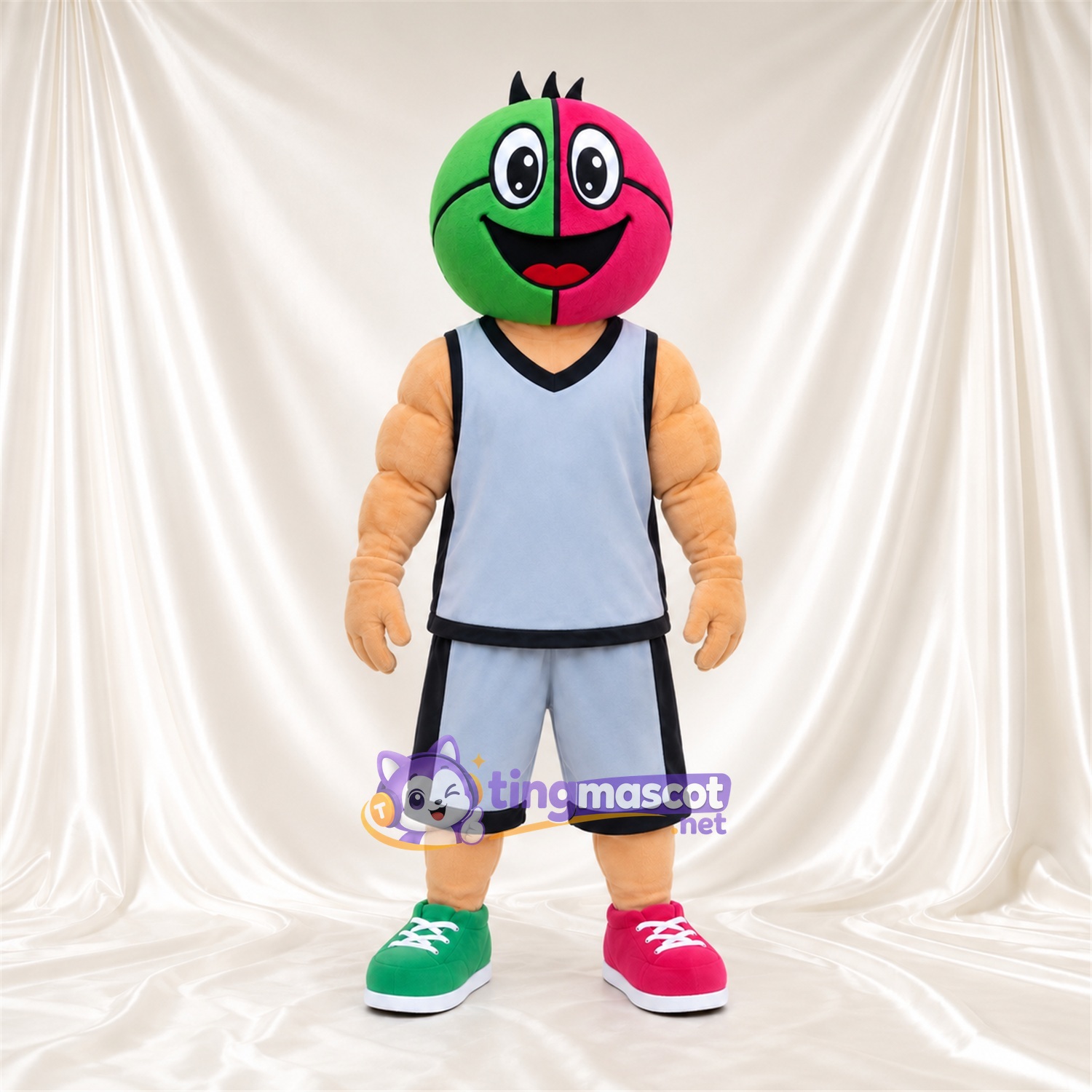 Maskottchenkostüm Ball – rosa / grün – Basketballtrikot (grau) Maskottchenkostüm Ball – rosa / grün – Basketballtrikot (grau)