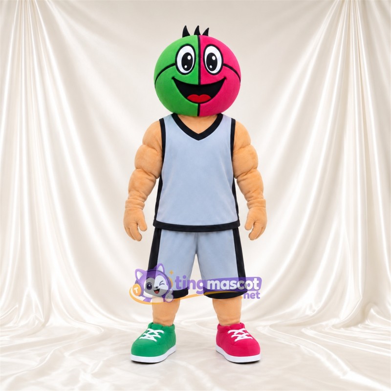 Maskottchenkostüm Ball – rosa / grün – Basketballtrikot (grau) Maskottchenkostüm Ball – rosa / grün – Basketballtrikot (grau)