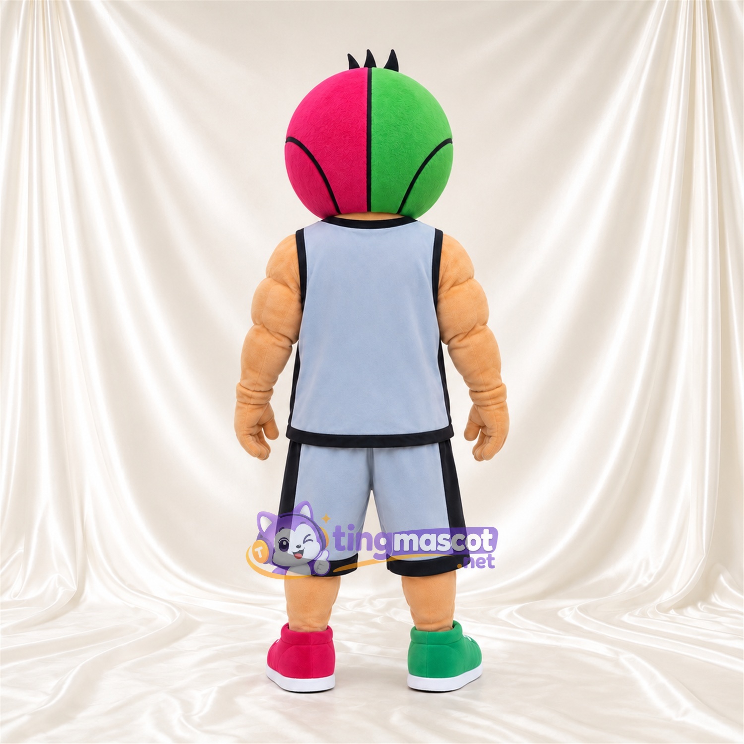 Maskottchenkostüm Ball – rosa / grün – Basketballtrikot (grau) Maskottchenkostüm Ball – rosa / grün – Basketballtrikot (grau)