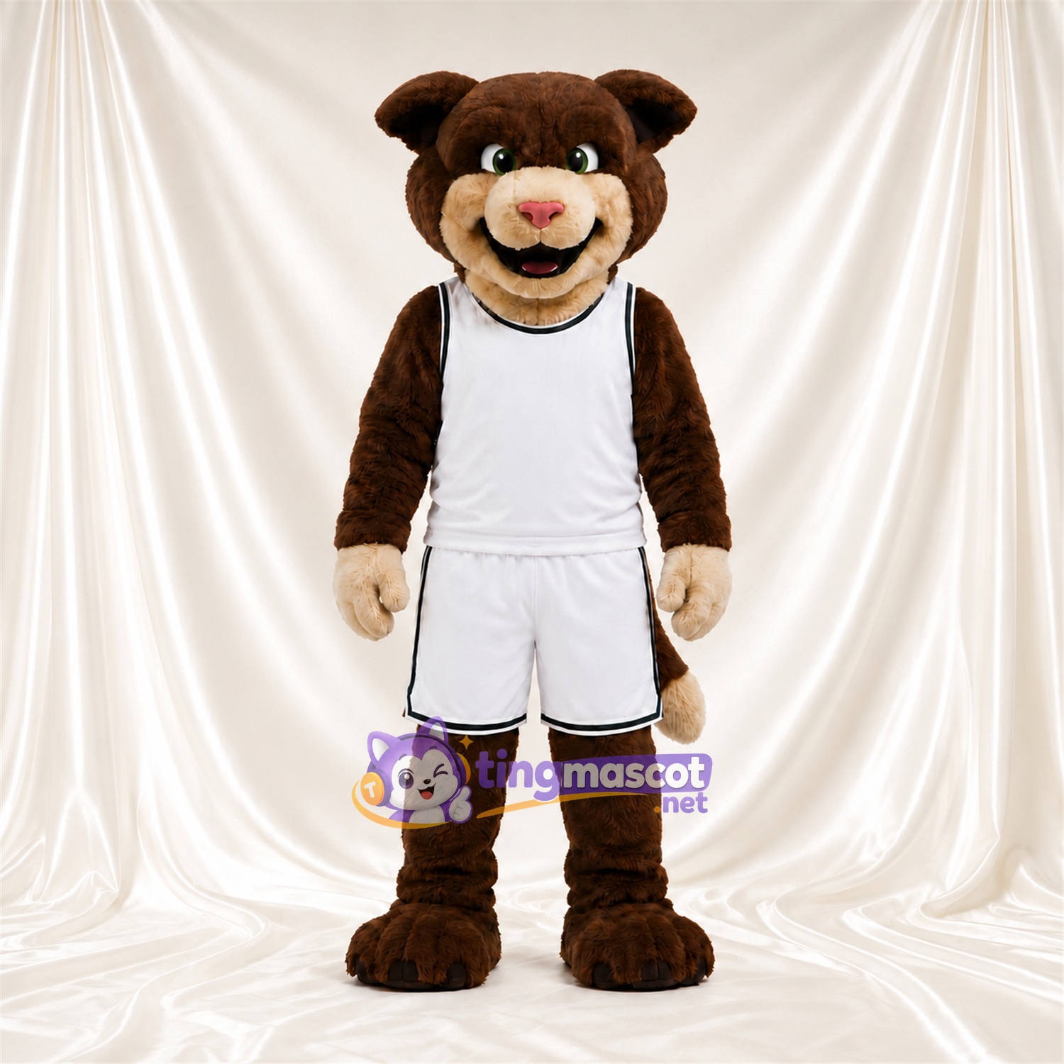 Brown Cougar Mascot Costume - White Basketball Uniform Brown Cougar Mascot Costume - White Basketball Uniform