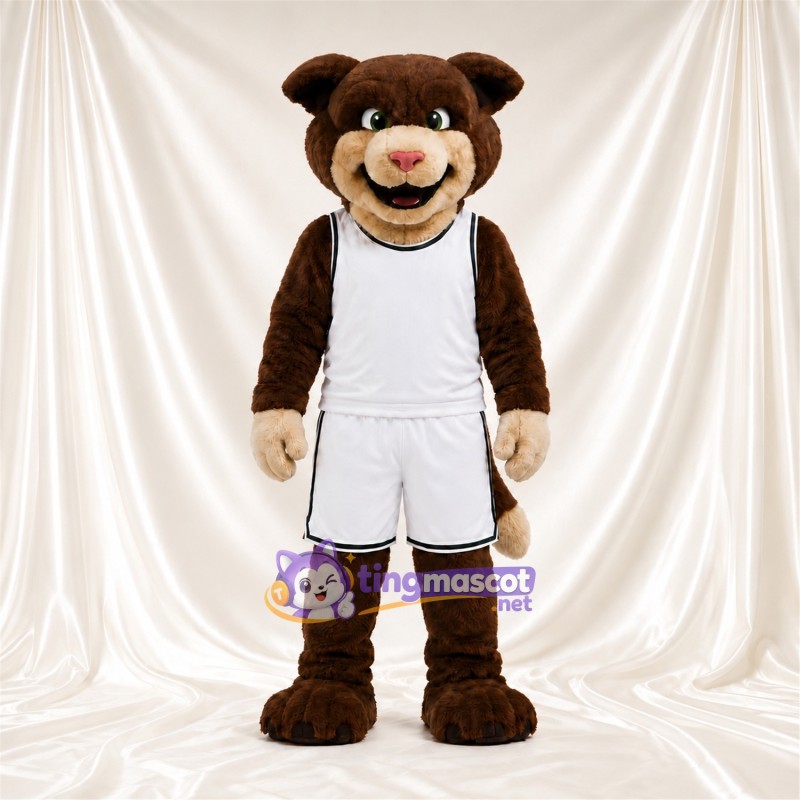 Brown Cougar Mascot Costume - White Basketball Uniform Brown Cougar Mascot Costume - White Basketball Uniform