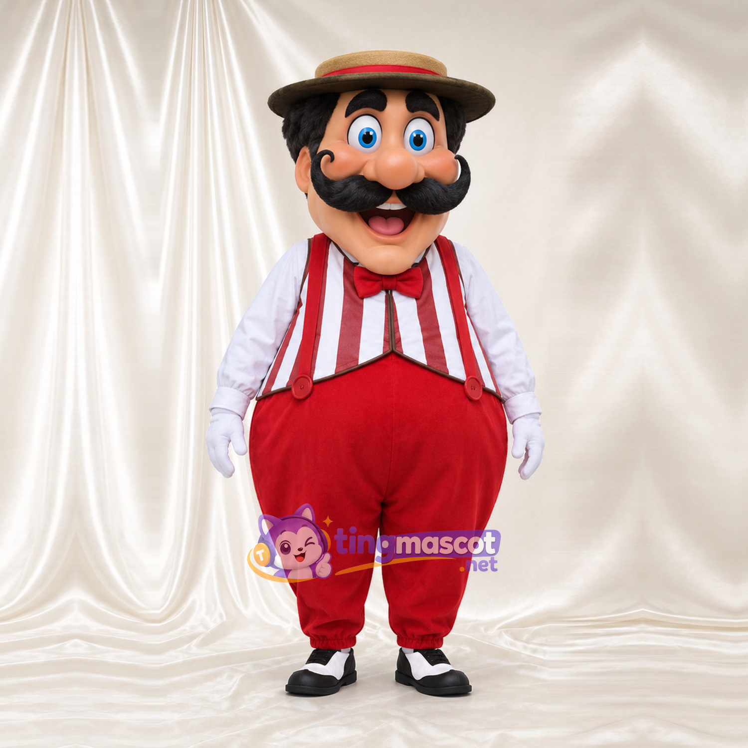 Maskottchenkostüm Mann mit Schnurrbart – wie abgebildet – Hemd (gestreift); Hose (rot) Maskottchenkostüm Mann mit Schnurrbart – wie abgebildet – Hemd (gestreift); Hose (rot)