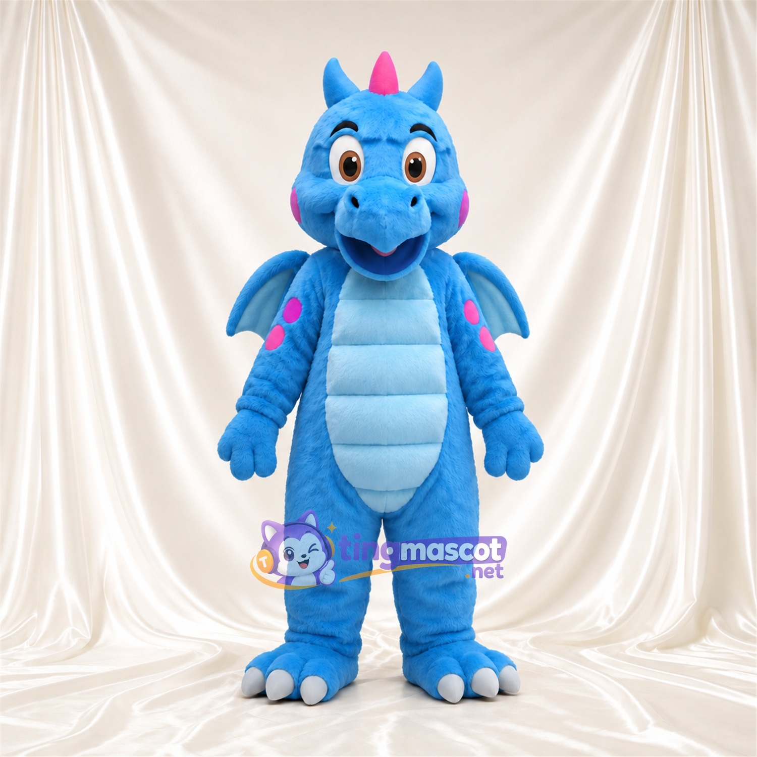 Blue Dragon Mascot Costume - Pink Horns and Light Blue Belly Blue Dragon Mascot Costume - Pink Horns and Light Blue Belly
