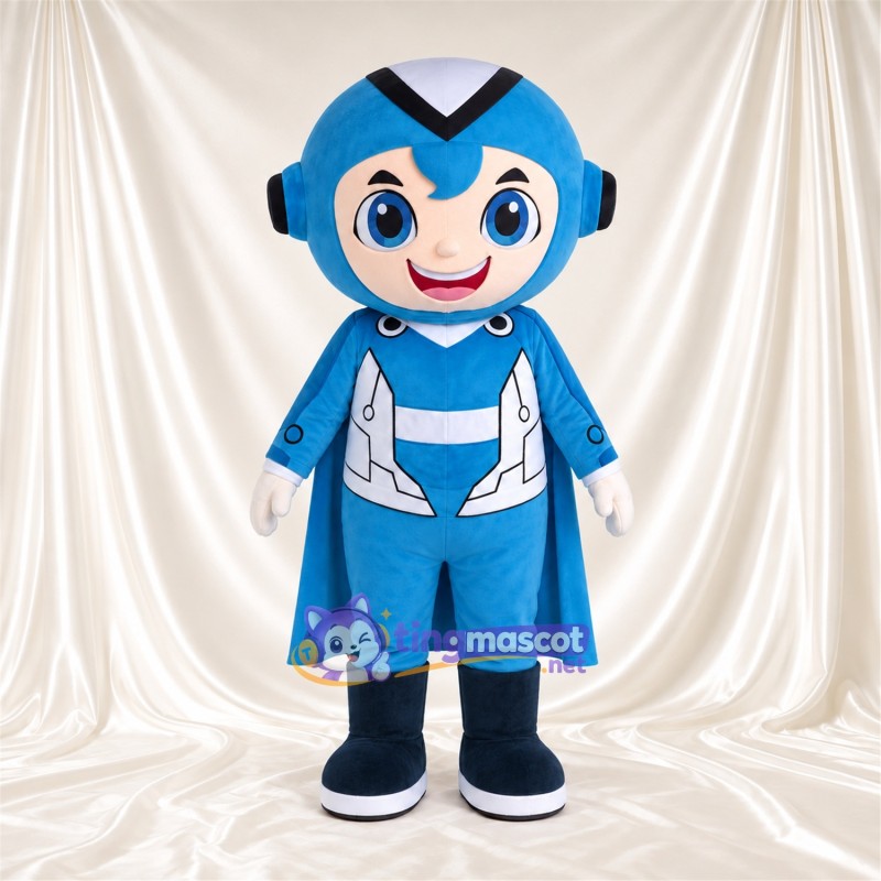 Robot Superhero Boy Mascot Costume - Blue Helmet and Cape Robot Superhero Boy Mascot Costume - Blue Helmet and Cape