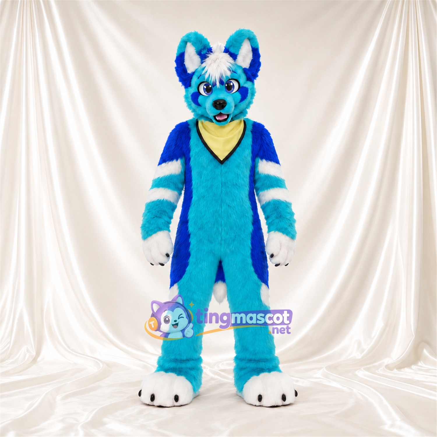 Costume de mascotte Renard – bleu – Bandana (jaune) Costume de mascotte Renard – bleu – Bandana (jaune)