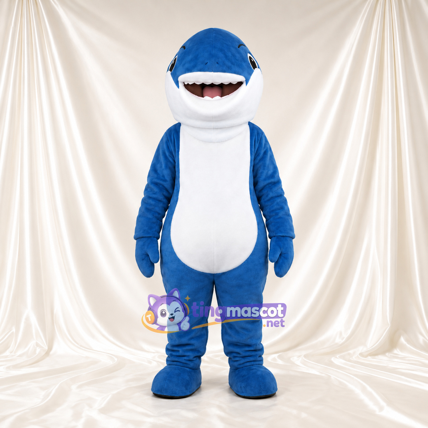 Costume de mascotte Requin – bleu – Ventre (blanc); Sourire avec dents Costume de mascotte Requin – bleu – Ventre (blanc); Sourire avec dents