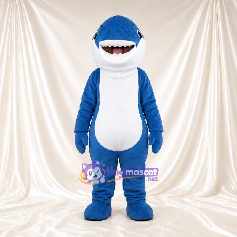 Costume de mascotte Requin – bleu – Ventre (blanc); Sourire avec dents Costume de mascotte Requin – bleu – Ventre (blanc); Sourire avec dents