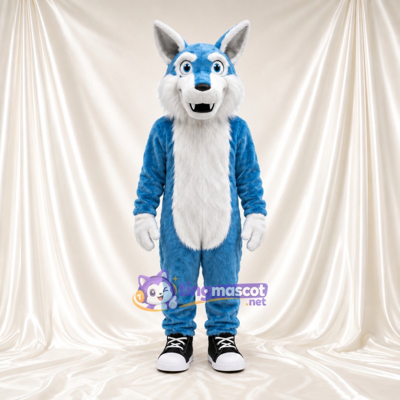 Costume de mascotte Loup – bleu – Torse (blanc); Baskets (noir) Costume de mascotte Loup – bleu – Torse (blanc); Baskets (noir)
