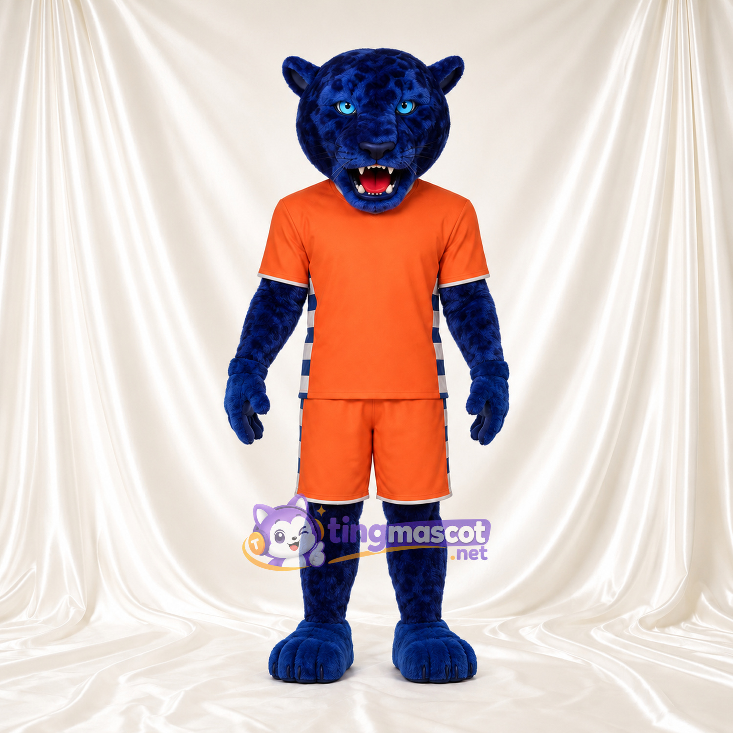 Costume de mascotte Panthère – bleu – Tenue de sport (orange) Costume de mascotte Panthère – bleu – Tenue de sport (orange)