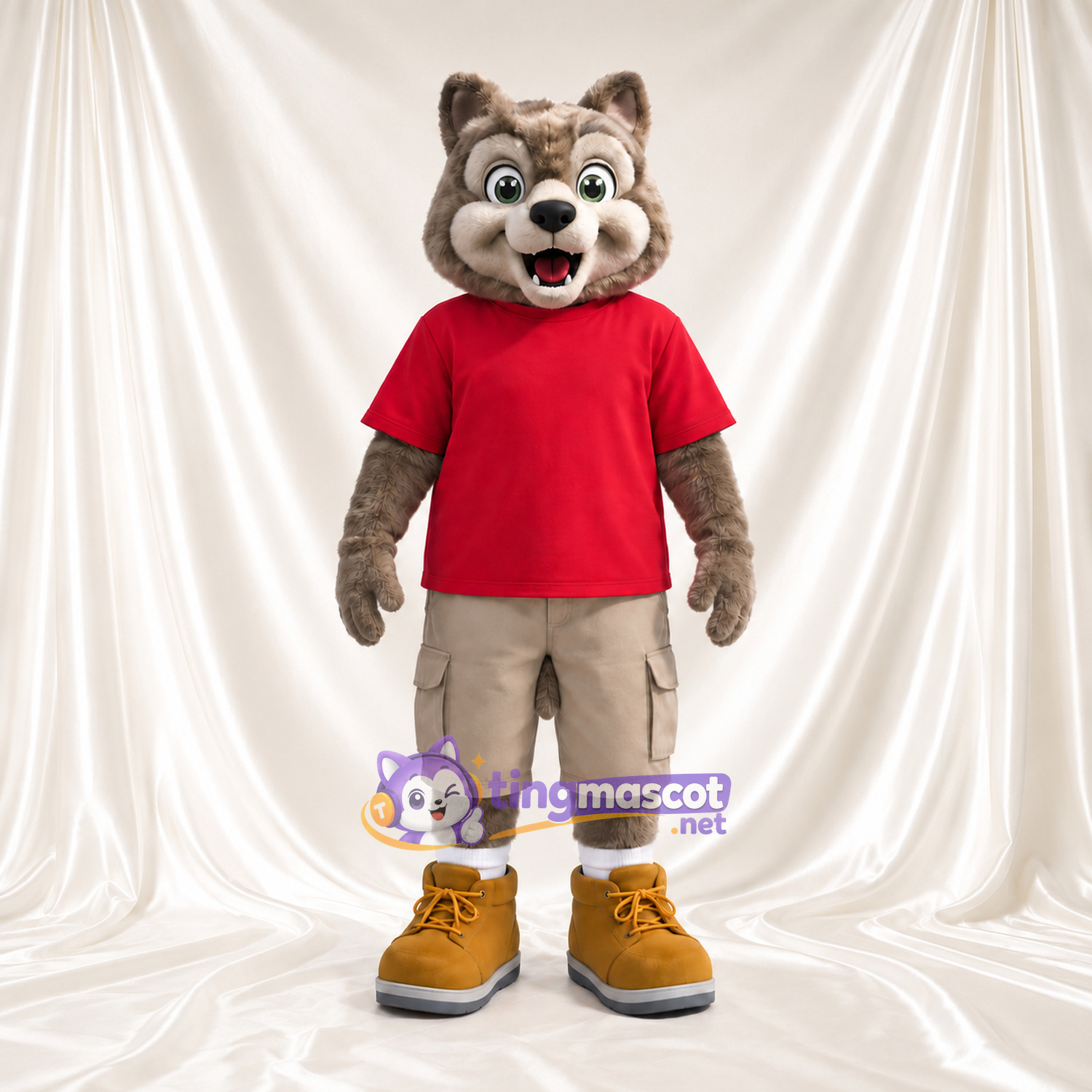 Costume de mascotte Loup – marron – Chemise (rouge); Short (brun clair) Costume de mascotte Loup – marron – Chemise (rouge); Short (brun clair)