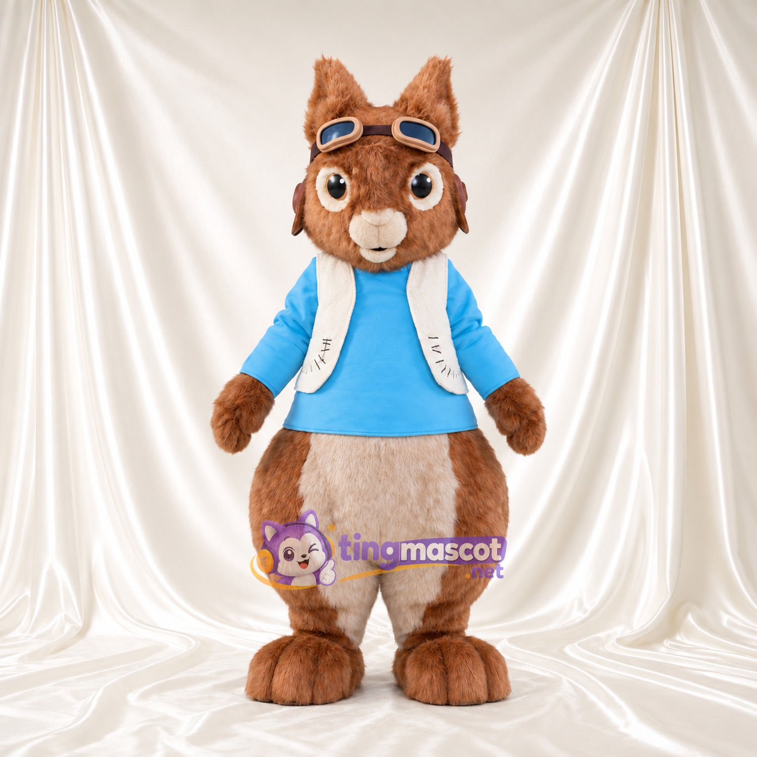Maskottchenkostüm Squirrel Nutkin – wie abgebildet – Hemd (blau); Schutzbrille Maskottchenkostüm Squirrel Nutkin – wie abgebildet – Hemd (blau); Schutzbrille