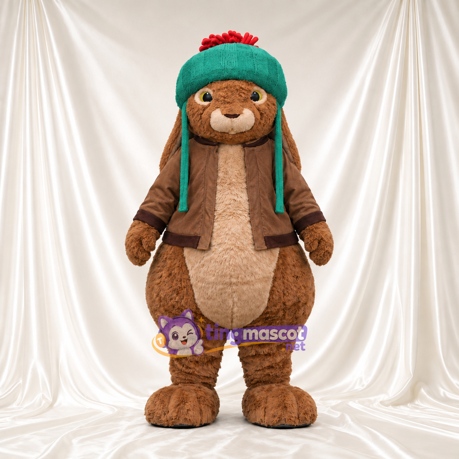 Benjamin Bunny Mascot Costume - Green Earflap Hat and Brown Jacket Benjamin Bunny Mascot Costume - Green Earflap Hat and Brown Jacket
