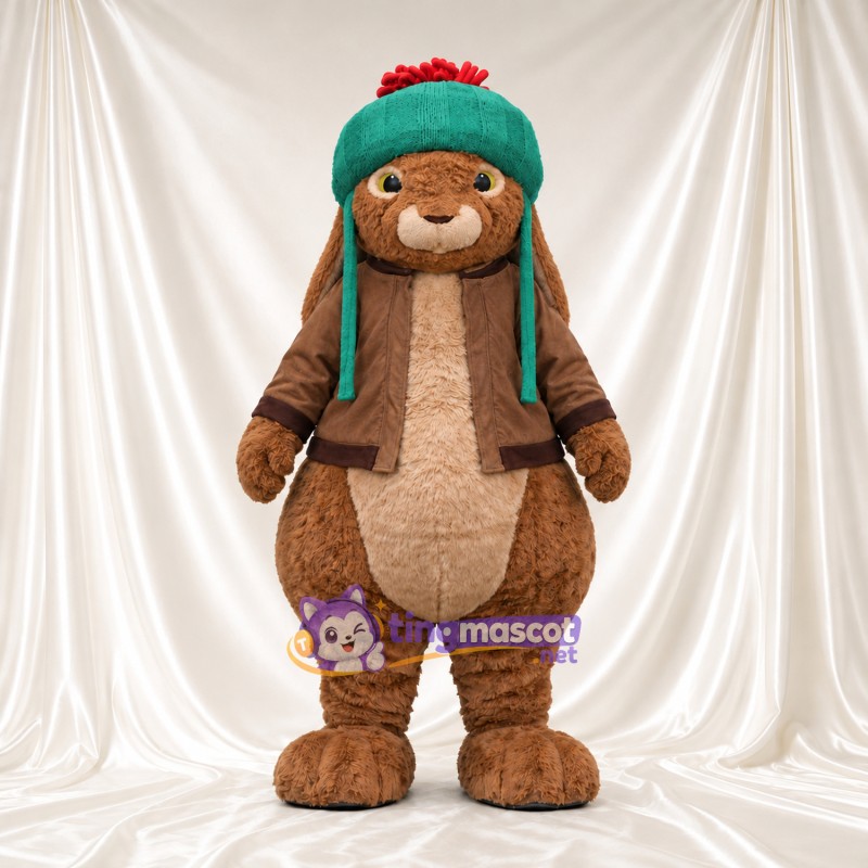 Benjamin Bunny Mascot Costume - Green Earflap Hat and Brown Jacket Benjamin Bunny Mascot Costume - Green Earflap Hat and Brown Jacket