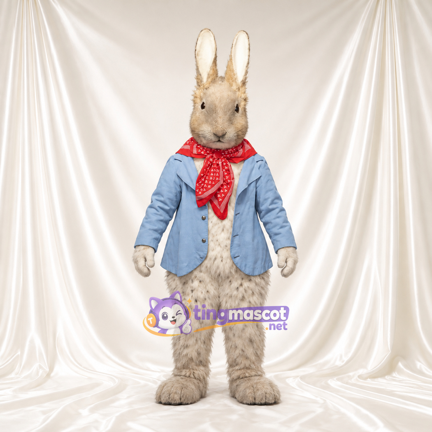Costume de mascotte Peter Rabbit – selon la photo – Veste (bleu); Écharpe (rouge, à pois) Costume de mascotte Peter Rabbit – selon la photo – Veste (bleu); Écharpe (rouge, à pois)