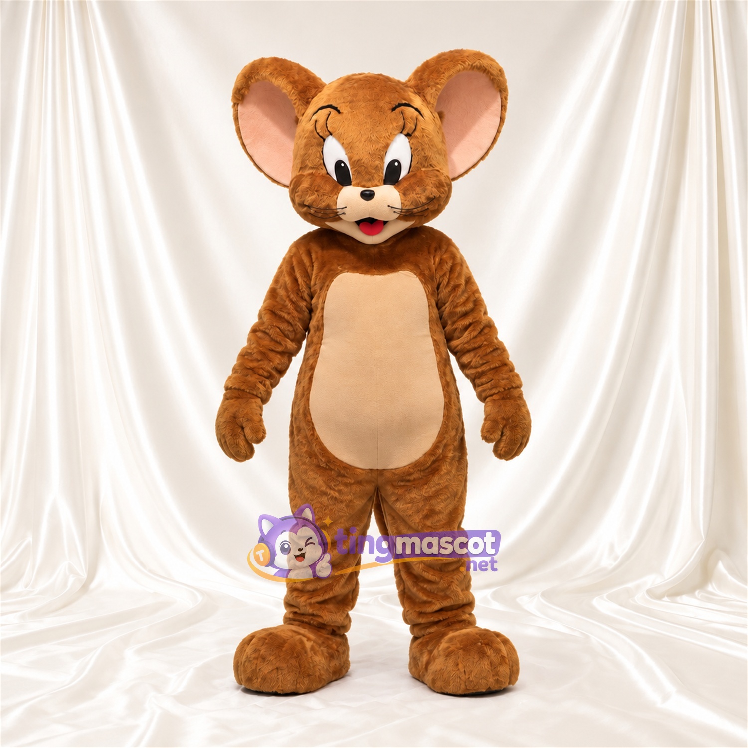 Costume de mascotte Jerry – selon la photo – Ventre (rond, brun clair); Visage souriant Costume de mascotte Jerry – selon la photo – Ventre (rond, brun clair); Visage souriant