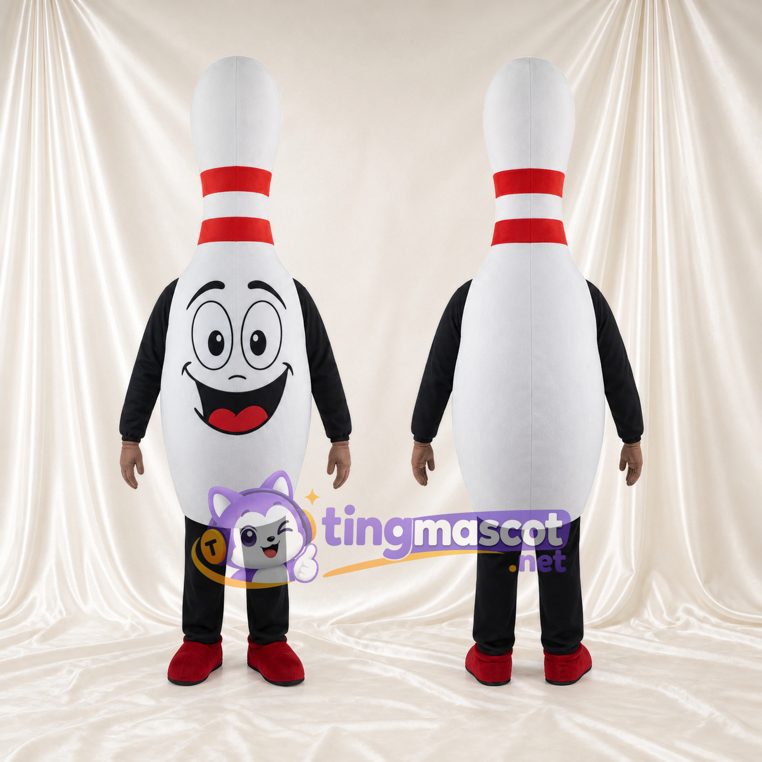 Maskottchenkostüm Bowlingkegel – weiß – Hals (rot); Streifen; Beine (schwarz) Maskottchenkostüm Bowlingkegel – weiß – Hals (rot); Streifen; Beine (schwarz)