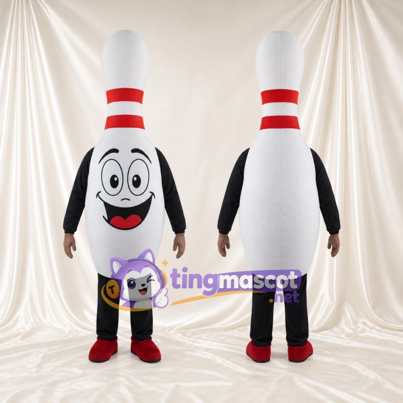 Maskottchenkostüm Bowlingkegel – weiß – Hals (rot); Streifen; Beine (schwarz)