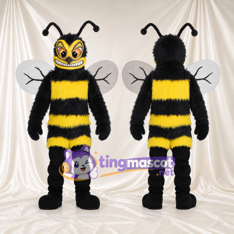 Costume de mascotte Abeille – jaune / noir – Ailes (blanc); Visage (avec dents)
